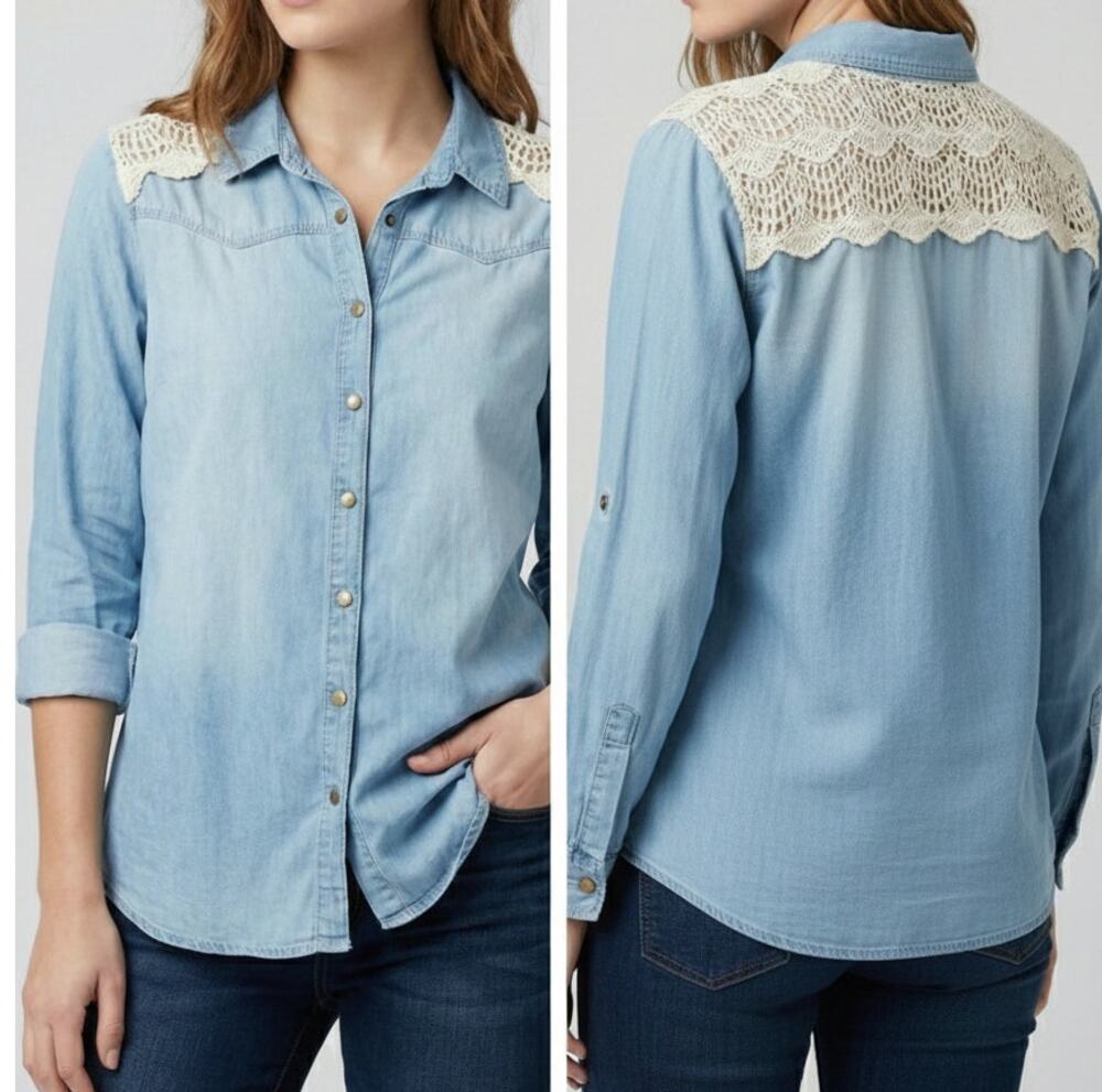Behind the Seams Large Button Front Lace 100% Lyocell Roll Tab Sleeves